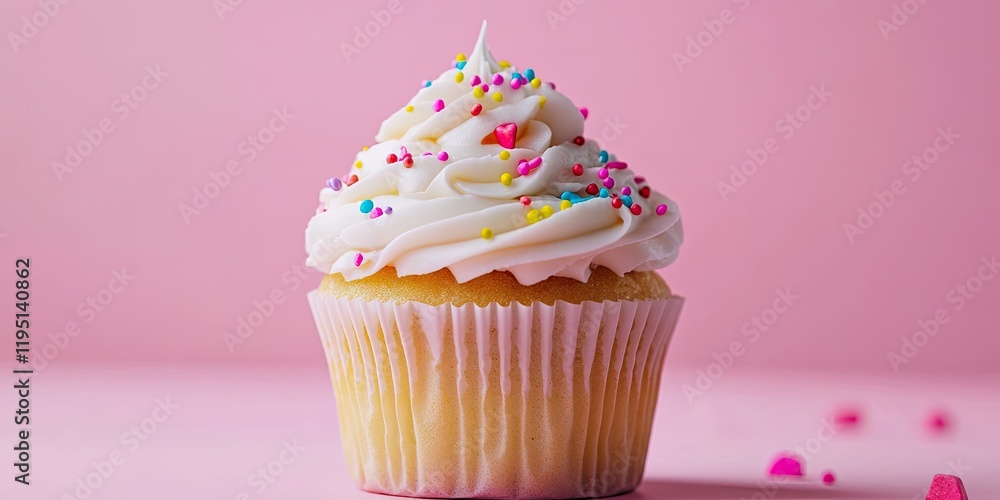 Poster vibrant cupcake with white frosting and colorful sprinkles centered on a soft pink background creati