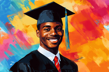Colorful illustration of an African American man graduating. Graduation illustration.
