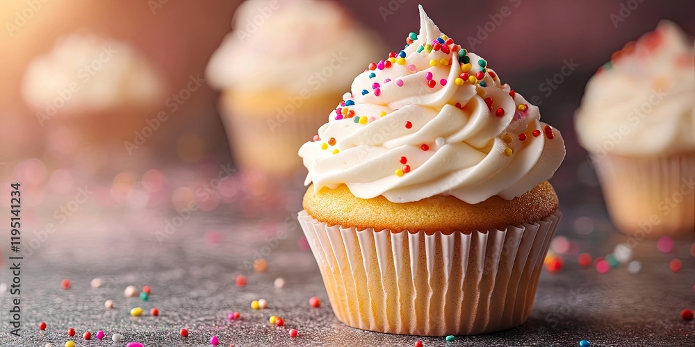 Poster delicious frosted cupcake topped with colorful sprinkles in soft focus background featuring pastel t