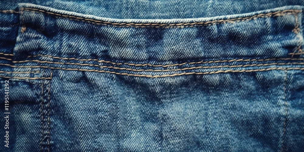 Poster close-up view of denim fabric showing textured blue jeans with intricate stitching details in a vert