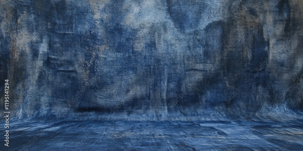Poster denim fabric backdrop in deep blue shades with textured patterns, featuring a seamless flow from bac