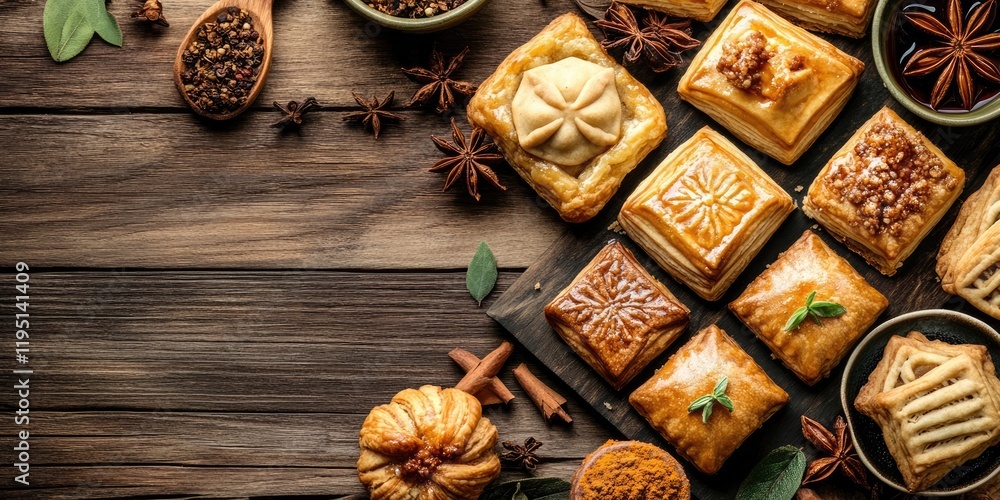 Poster exquisite array of dessert pastries topped with oriental spices on a rustic wooden table with herbs 