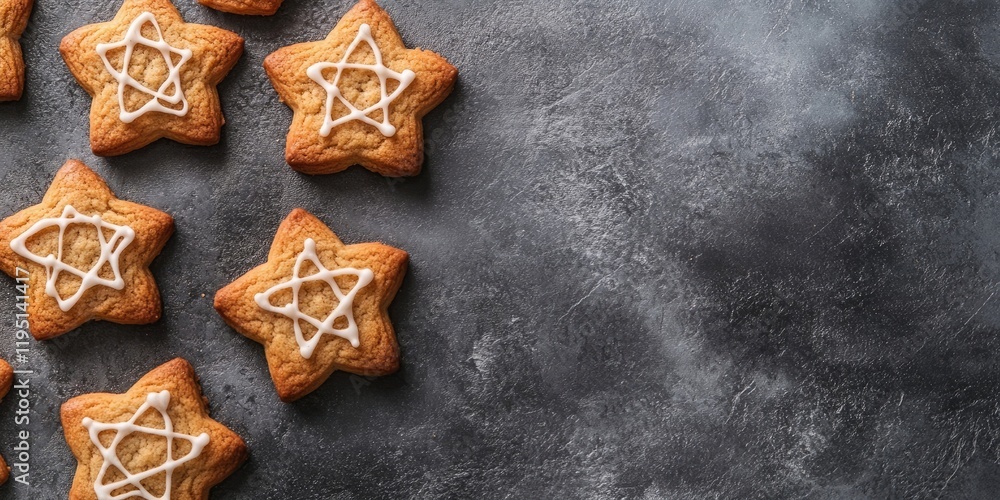 Poster star-shaped cookies with icing on a dark grey textured background arranged on the left side creating