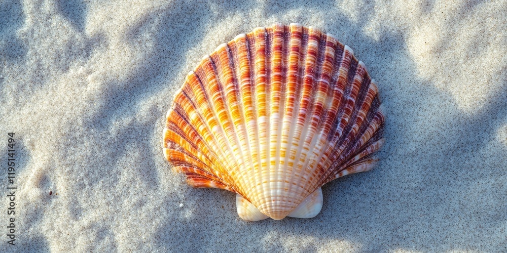 Poster close-up of a vibrant orange and cream seashell centered on a light beige sandy shore with soft text