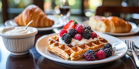 Delicious breakfast spread featuring golden waffles with fresh berries yogurt croissant and toasted bread on a wooden table in soft natural light