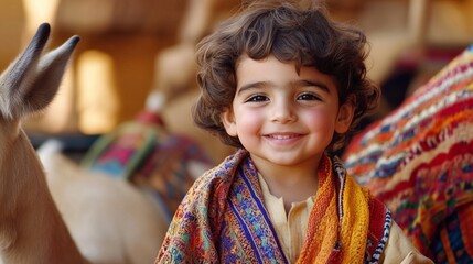 A joyful young child wearing a traditional colorful embroidered shawl smiles brightly at the camera, radiating pure happiness and innocence against a warm, cozy home setting.
