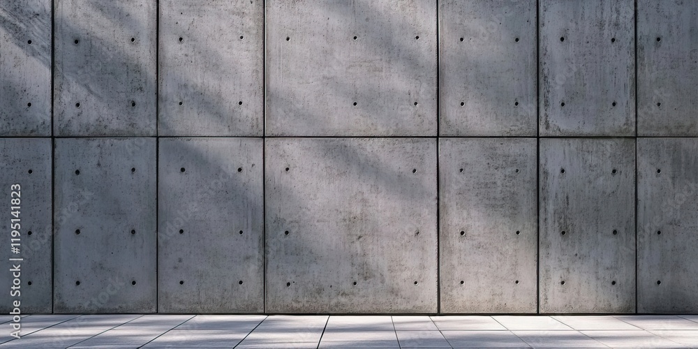 Poster concrete wall texture with shadows, light grey tones, tiled floor in front, vertical panels arranged