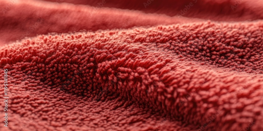 Poster soft, textured red towel fabric with intricate fibers and gentle waves, displaying depth and rich co