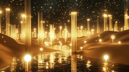 Fototapeta premium Illuminated Golden Landscape with Glowing Lights Beneath a Starry Sky