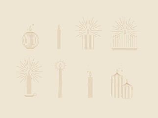 Candle set different forms and shapes drawing in art deco style on beige background