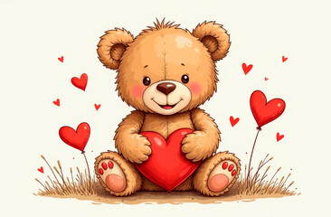 Brown bear with a heart in its paws on a light background with hearts. Illustration	