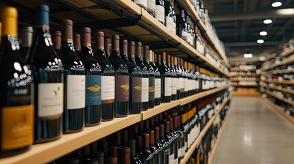 Detailed display of wine bottles on wooden shelves in a modern retail store showcasing a wide selection of choices for customers to explore and purchase