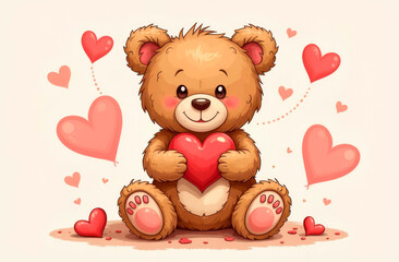Brown bear with a heart in its paws on a light background with hearts. Illustration