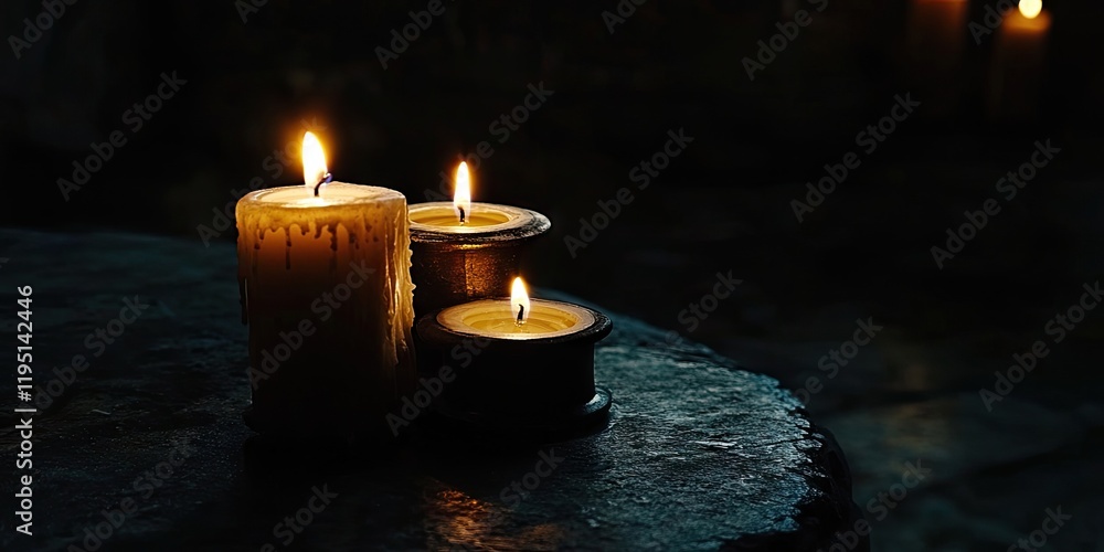 Poster candlelit scene with three glowing candles on a dark stone surface creating warm tones and deep shad