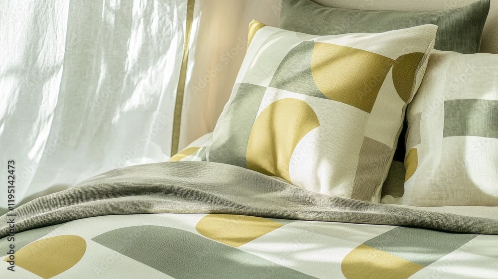 Poster soft sage green and gold geometric patterns adorn pillows and bedding, enhancing a contemporary bedr