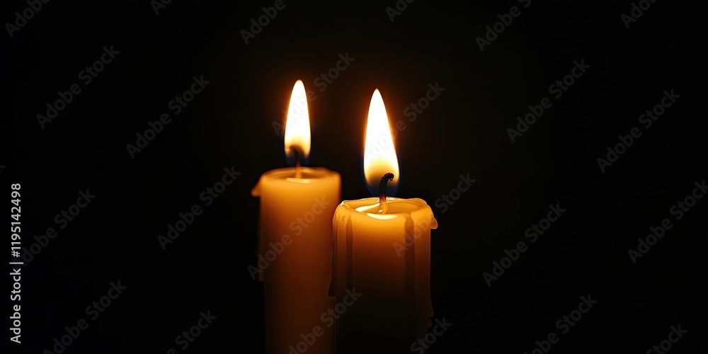 Poster two illuminated candles in the dark with flickering flames positioned at the center creating a tranq