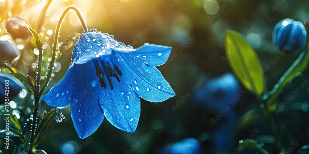 Poster dewy blue garden bell flower illuminated by sunlight with vibrant greenery and soft bokeh background
