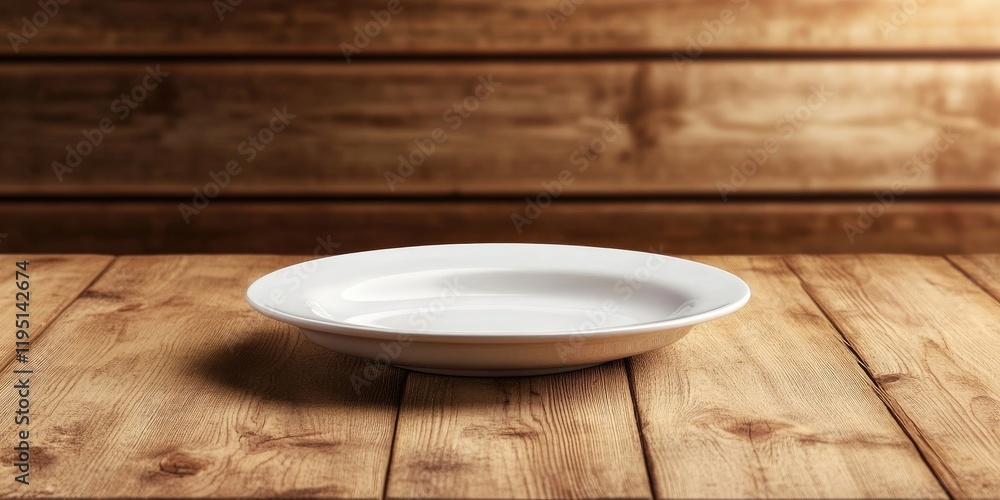 Poster white plate centered on a rustic wooden table with warm brown tones in background creating ample cop
