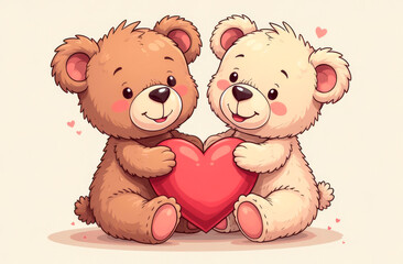 Two bears holding a heart in their paws on a light background with hearts. Illustration