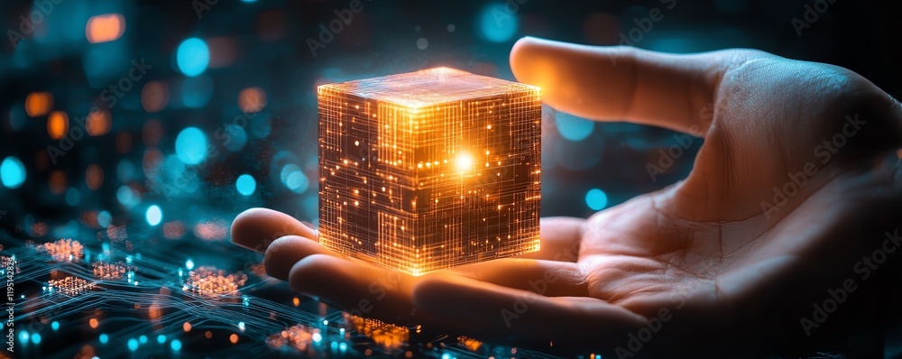 Poster hightech cybersecurity concept, glowing cube in interaction with a hand, surrounded by network circu
