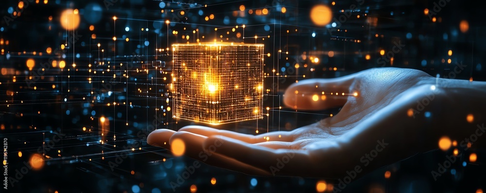 Poster hightech cybersecurity concept, glowing cube in interaction with a hand, surrounded by network circu