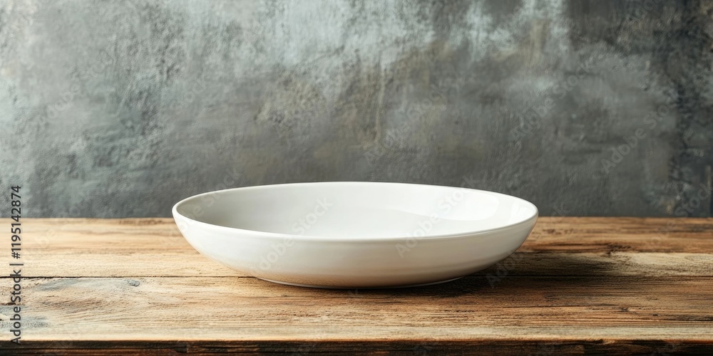 Poster white ceramic plate centered on a rustic wooden table with a textured gray background and ample copy