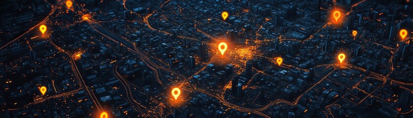 Hightech city map, illuminated orange markers for hotspots, sleek dark urban aesthetic, intricate details, futuristic cyberpunk style, 8K resolution