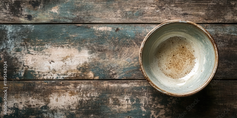 Poster Empty rustic bowl on weathered wooden table with scuffed blue and brown textures ample white space above for text or design elements