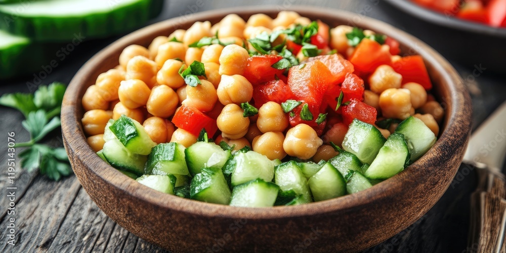 Poster bowl of chickpeas topped with diced cucumbers and tomatoes garnished with fresh parsley on rustic wo