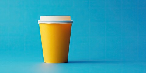 Yellow disposable takeaway paper cup on a blue background side view isolated with ample copy space for logo design mockup reflection of national colors