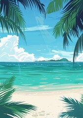 Fototapeta premium A beautiful beach scene with palm trees and a blue ocean. Scene is calm and relaxing