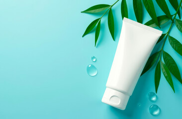 White tube of cream on a blue background with green branches