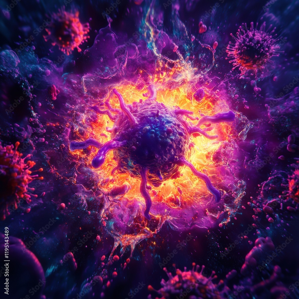 Fototapete glowing cell illuminated by swirling menacing viruses in a dark, chaotic environment. generative ai