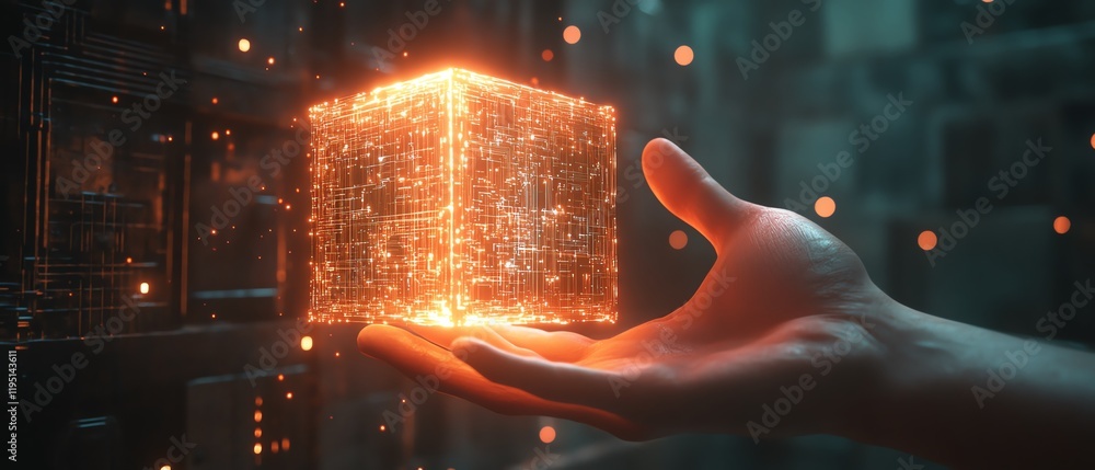 Aufkleber cybersecurity and data protection, hand touching glowing cube surrounded by network circuits, symbol