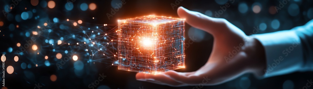 Poster cybersecurity concept with hand interacting with glowing cube, network circuit surrounding the cube,