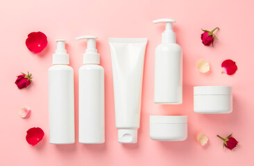 Bottles and cans with cosmetics on a pink background.