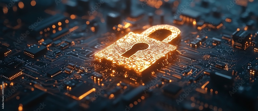 Poster digital padlock key over circuit board, symbolizing cybersecurity and advanced encryption technology