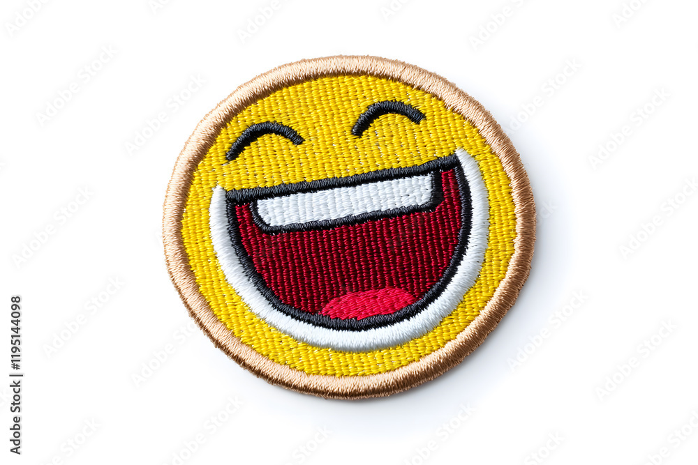 Wall mural Smiling laugh mouse embroidered patch badge, isolated on white background.