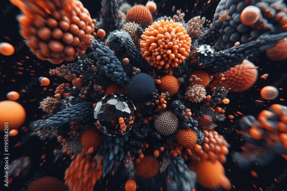 Poster abstract microbial universe: colorful spheres and textures emanating in a dark background for creati