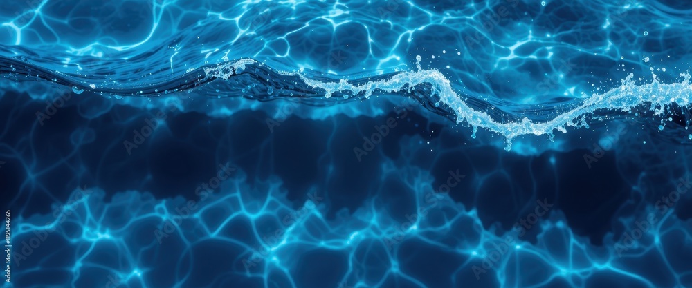 Poster dynamic blue ocean wave with splashes and reflections