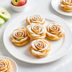 valentines day Delicate puff pastries shaped like roses, filled with apple slices and dusted with powdered sugar