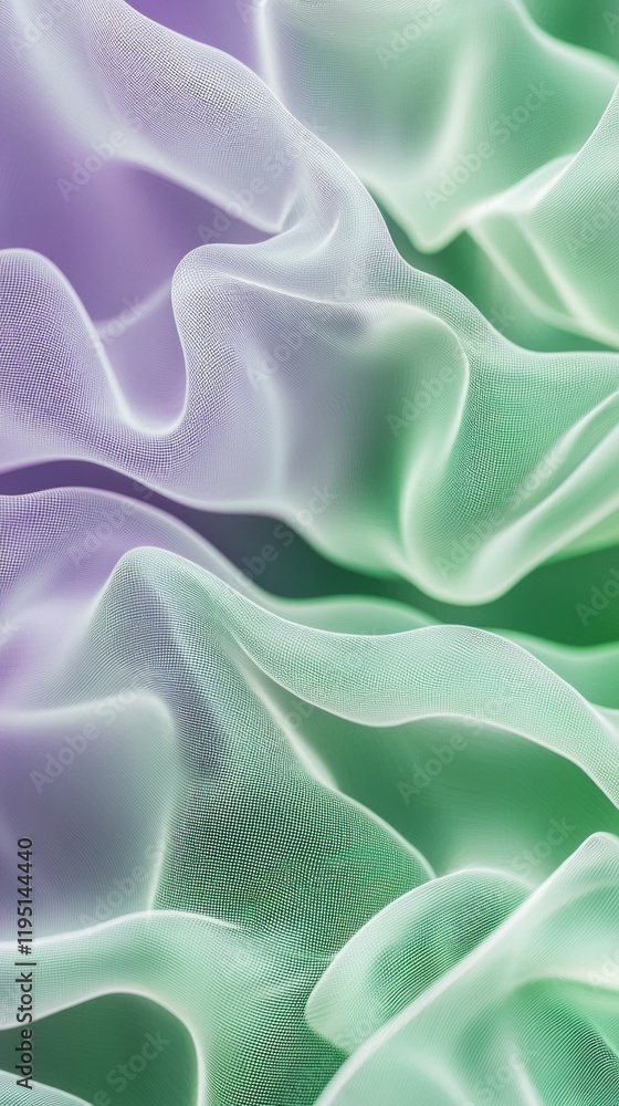Poster gentle waves of delicate fabric in pastel sage green and soft lavender flow gracefully, evoking tran