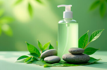 Skin care product with dispenser on a light green background
