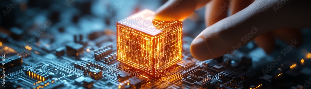 Poster hand interacting with a glowing cube on a digital circuit, representing cybersecurity, data protecti