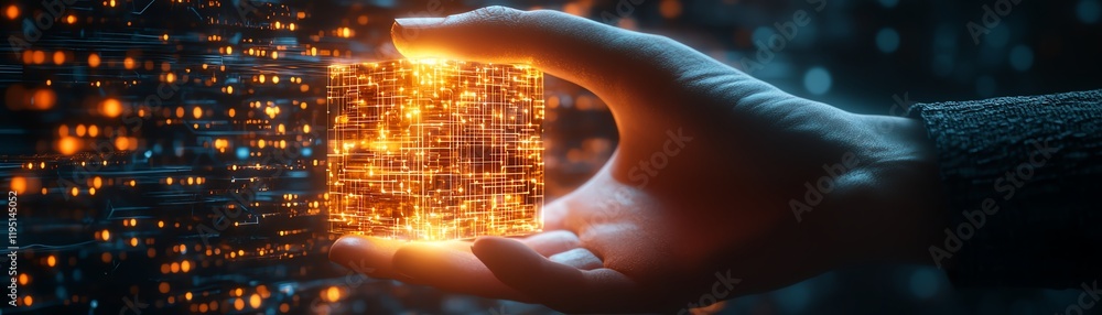 Poster hand interacting with a glowing cube on a digital circuit, representing cybersecurity, data protecti