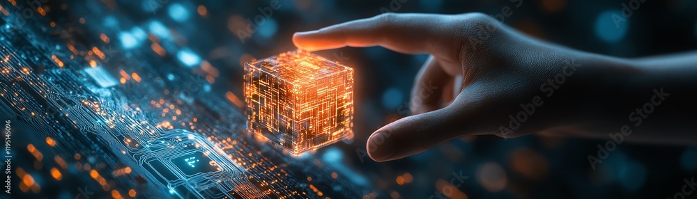 Poster hand interacting with a glowing cube on a digital circuit, representing cybersecurity, data protecti