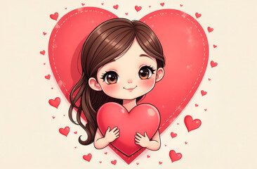Cute girl with a heart in her hands on a light background with hearts. Postcard, illustration