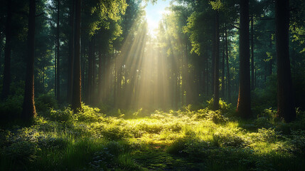 Fototapeta premium Sunlight Shining Through the Trees in a Forest with Yellow Flowers Featuring Magical Fantasy Landscapes and Sun Rays Through Canopy Generative AI