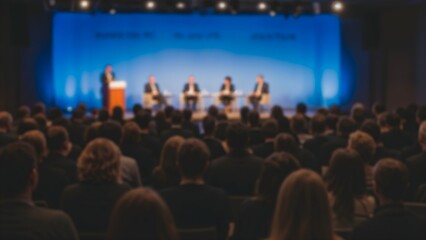 Naklejka premium Corporate panel discussion. Speakers addressing a professional audience in a modern blue-lit conference hall, Participants listening attentively to the speakers on stage with blurred background