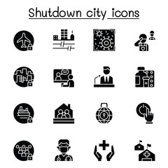Set of Lock down city from virus crisis related vector line icons. contains such Icons as Shutdown city, state quarantine, flight cancellation, business closed, and more.